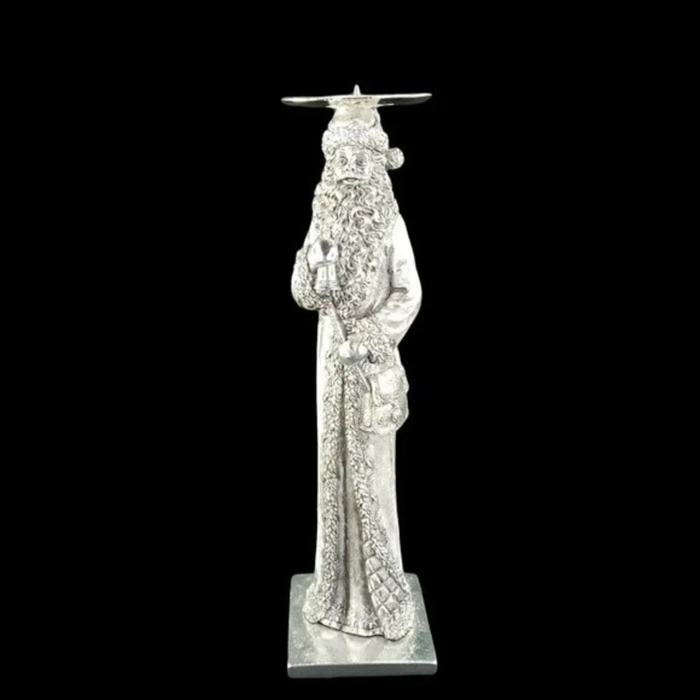 Santa Claus Pillar Candlestick Holder Silver Color Embossed‎ Christmas Holiday